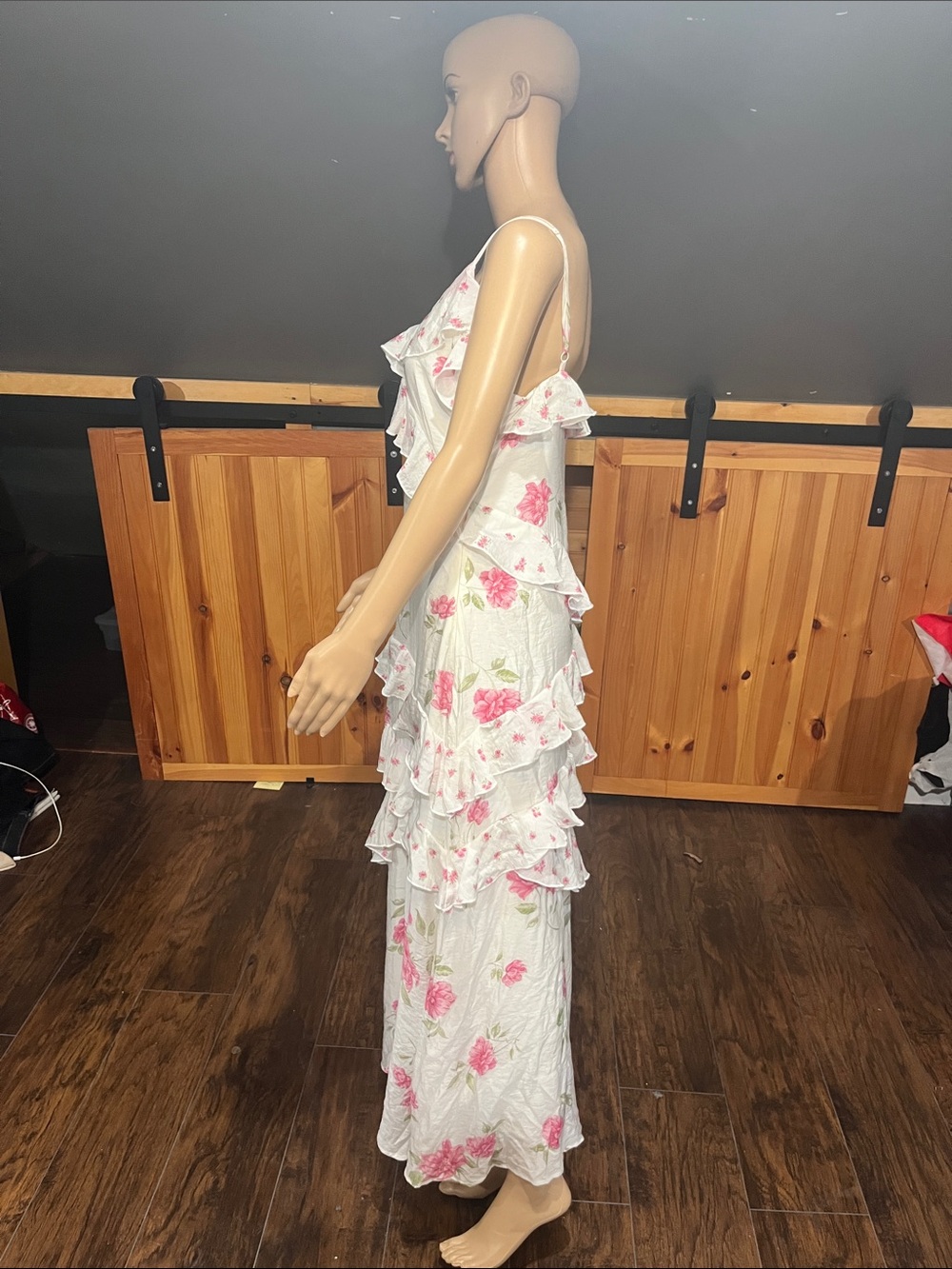 White Floral Ruffle Maxi Dress with Pink Roses - Picture 4 of 6